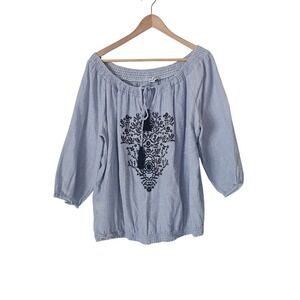 Pia Rossini Cotton Boho Embroidery Peasant Blouse Off Shoulder Blue M/L Festival